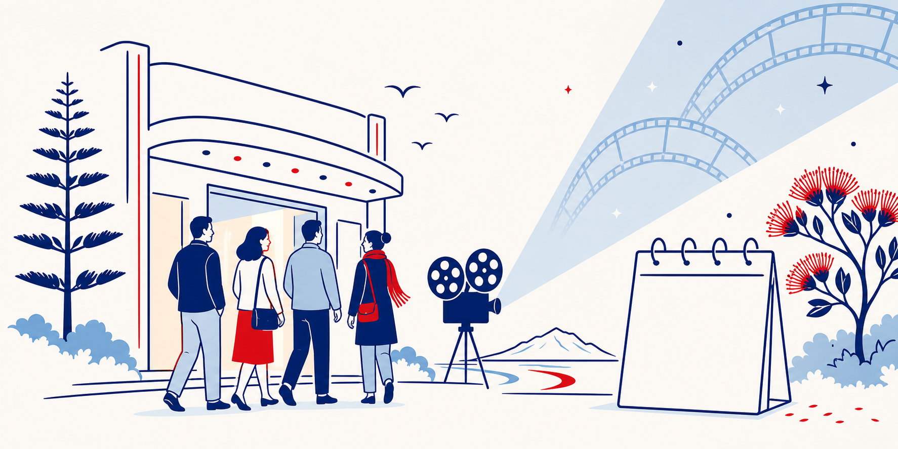 People arriving at a cinema beside film reels and a blank calendar, with Tauranga scenery