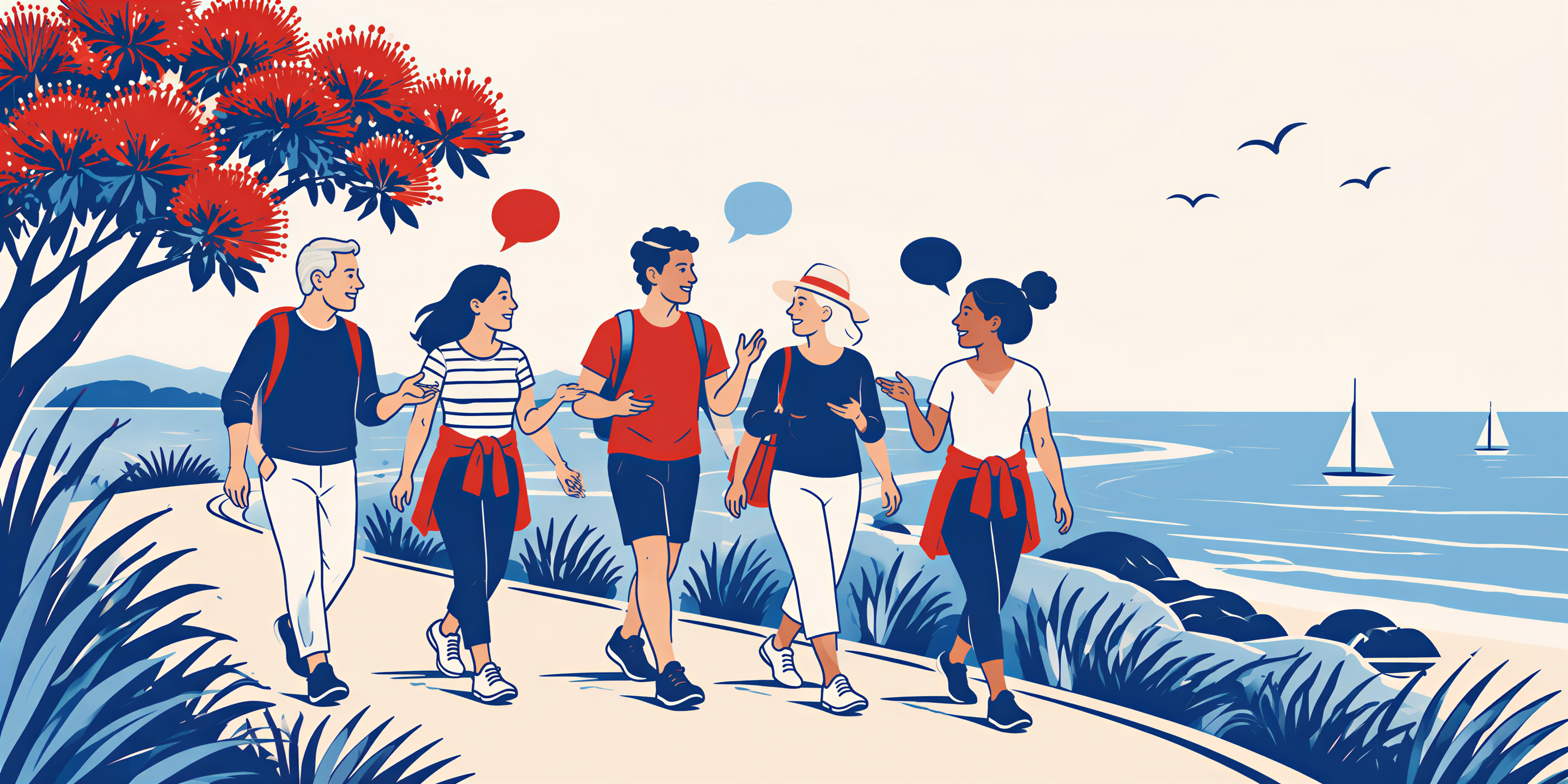 A group of adults walking and talking together beside the Tauranga coast